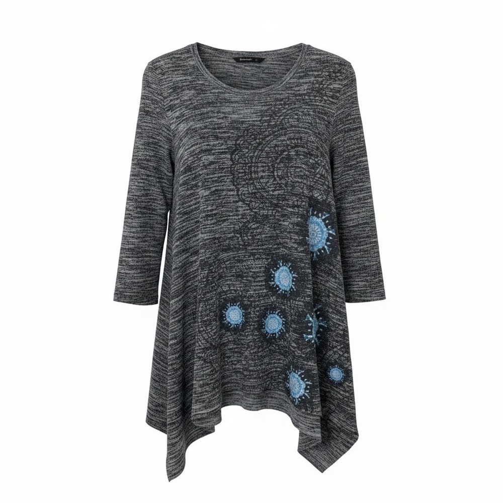 Desigual Women Tunic XL Grey Blue Mandala Embroidered Sharkbite Boho Lagenlook